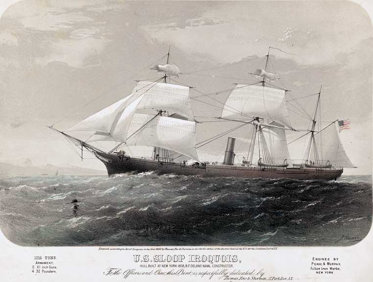 Period lithograph of the Civil War sloop USS Iroquois under sail